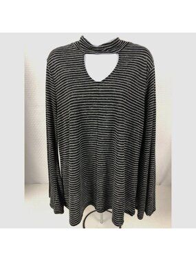 Apt 9 Top Women Size XL Black w White Stripes Long Sleeves Mock Neck Keyhole